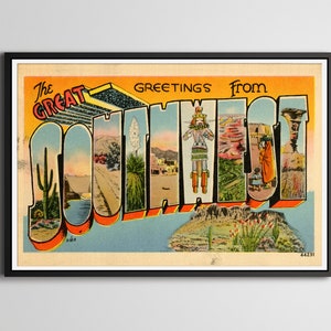 AFFICHE de carte postale souvenir du sud-ouest! - jusqu'à 24 x 36 en taille réelle - Art de style vintage - Arizona - Nevada - Californie