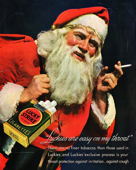 santa smoking a cigarette Vintage Santa Claus Lucky Strike Ad Print