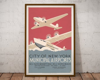 1937 New York Air Travel Poster: Vintage Airplane Art Print