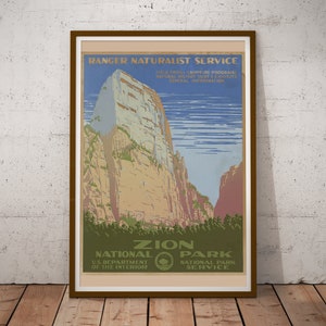 Poster del Parco Nazionale di Zion degli anni '30 (fino a 24" x 36") - Dipartimento degli Interni - Stile vintage - Utah