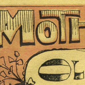 May include: Close-up of a vintage-style illustration with the word "MOTHER" in large, stylized letters. The letters are black with vertical lines inside, set against a peach-colored background. Below, a partial word and floral elements are visible.