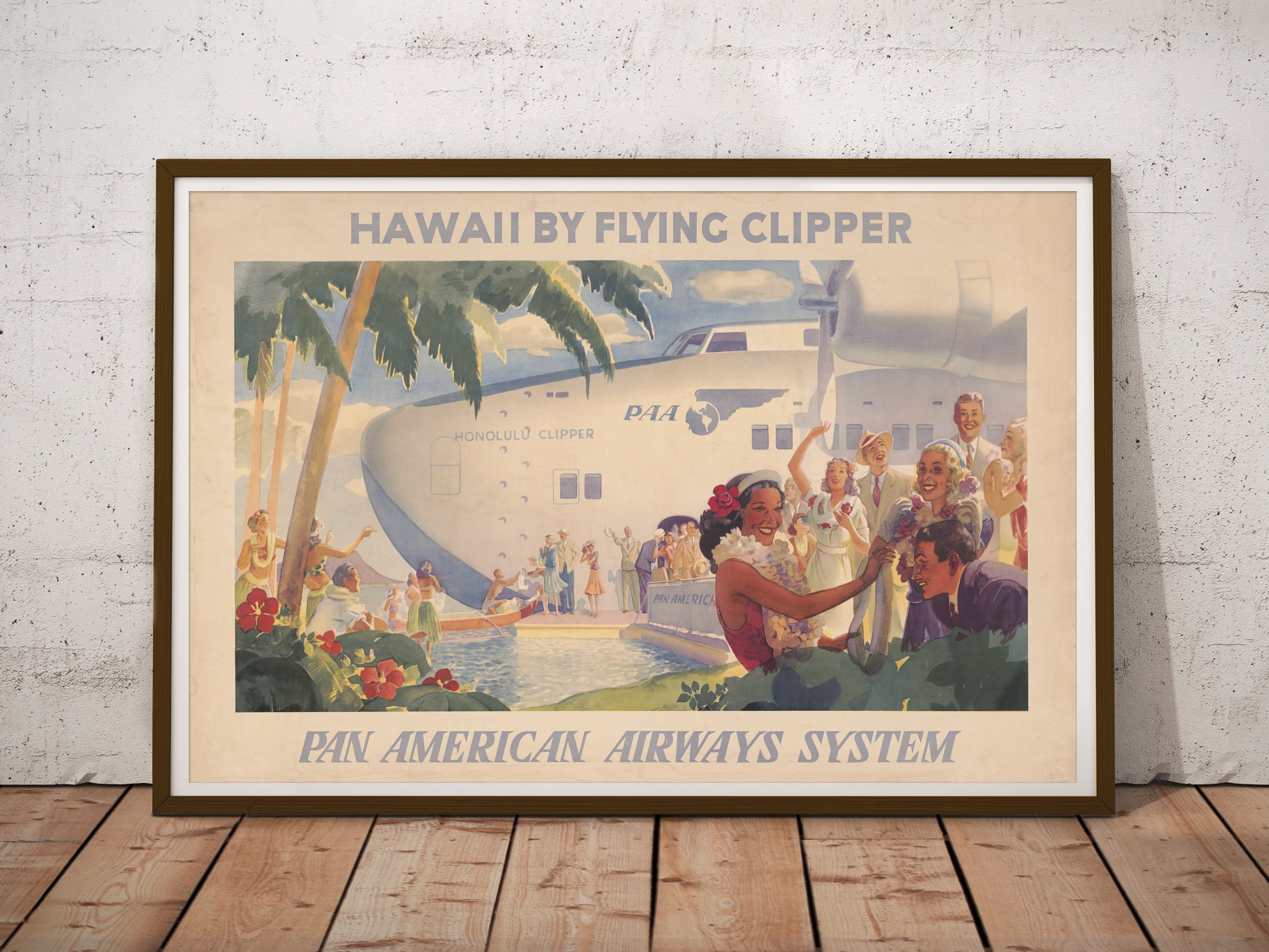 1938 Hawaii Air Travel Poster: Vintage Pan Am Clipper Seaplane Art