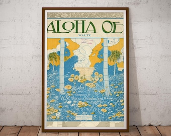 Póster de partitura vintage de Aloha Oe: Impresión artística retro de una isla hawaiana