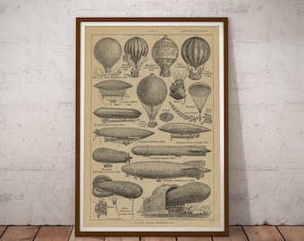 May include: A framed vintage-style print featuring black ink illustrations of various historical hot air balloons and airships on a tan background. The text at the top reads AERONAUTIQUE, and the print includes detailed labels for each aircraft.
