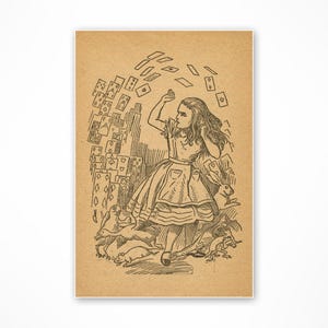 May include: A black and white illustration of Alice from Alice in Wonderland standing in a room with a pile of playing cards falling around her. She is wearing a dress with a ruffled skirt and holding a playing card in her hand. There are also two white rabbits in the image.