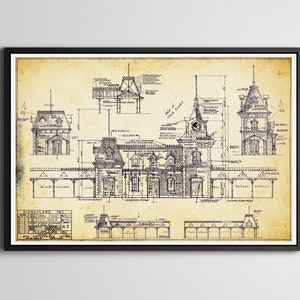 Vintage DISNEYLAND Train Station Blueprint POSTER! (up to 24&quot; x 36&quot;) - 1955 - Disney - Main Street USA - Patent Art - Attraction - Rides