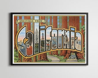 Póster vintage de secuoyas de California: Impresión de recuerdo con letras grandes