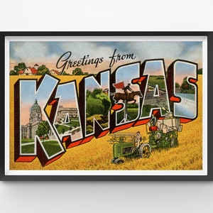 ¡PÓSTER de viaje vintage de Kansas! (hasta 24" x 36") - Postal de carta grande - Antigüedad - Universidad - Topeka - Wichita - Leavenworth - Medio Oeste
