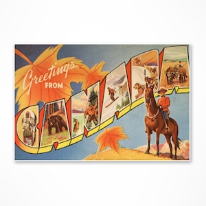 Póster de viaje con saludos desde Canadá, estilo vintage, postal con letras grandes