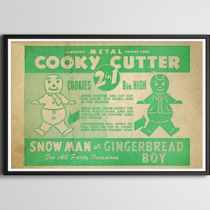 Vintage Cooky Cutter Box Poster: Gingerbread Man & Snowman Print