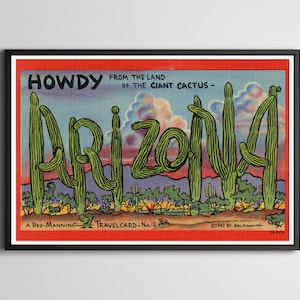 POSTER do cartão do curso do ARIZONA do vintage! - até 24x36 - Vintage - Antigo - Cacto Gigante - Deserto - Faroeste - Letra Grande - Arte de Parede