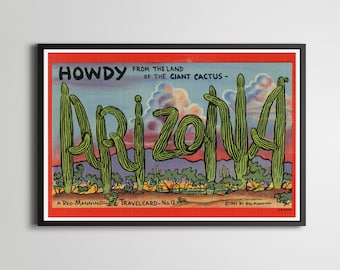Póster vintage de viaje de Arizona: cactus gigantes, arte del oeste