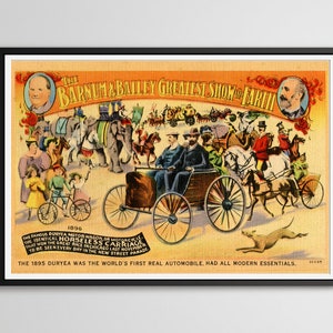 Barnum 1907 & Bailey Duryea CARTAZ! (até tamanho normal 24" x 36") - Circo - Ringling Bros - Automóvel - Carro - Antigo - Vintage