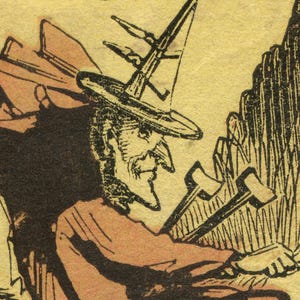 May include: Vintage illustration of a man wearing a tall, pointed hat with a wide brim. The man has a long nose and beard, and is holding two hammers. The image is in shades of brown and black.