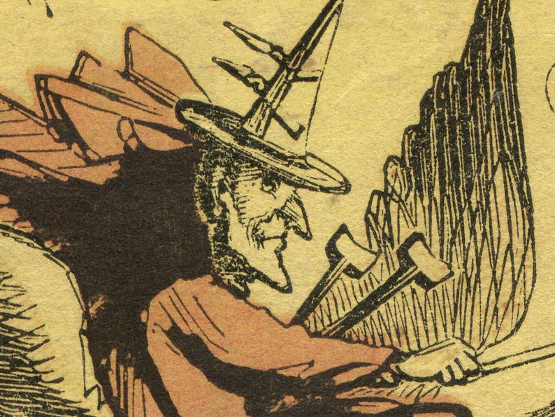 May include: Vintage illustration of a man wearing a tall, pointed hat with a wide brim. The man has a long nose and beard, and is holding two hammers. The image is in shades of brown and black.