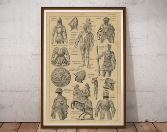 Póster de armadura medieval: ilustración de caballero vintage, arte mural histórico, decoración gótica para el hogar