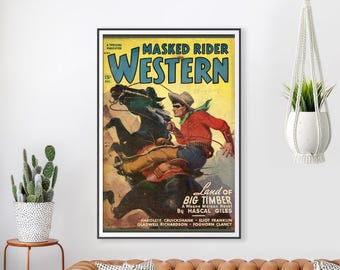 Póster de cómic del Oeste vintage: Arte de vaquero con jinete enmascarado