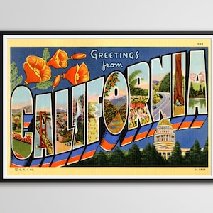 Saudações do POSTER da Califórnia! (até tamanho normal 24" x 36") - Cartão postal vintage com letras grandes - Alta qualidade - Capital - Flores - LA