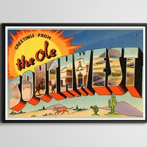 ¡PÓSTER de la postal del sudoeste del vintage! (24" x 36" o más pequeño) - Saludos - Carta grande - Morro Bay - California - Nuevo México - Sol - Pared