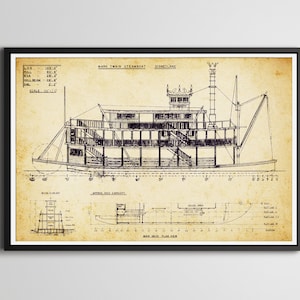 Mark Twain Steamboat Blueprint Art Print: Vintage Disneyland Poster