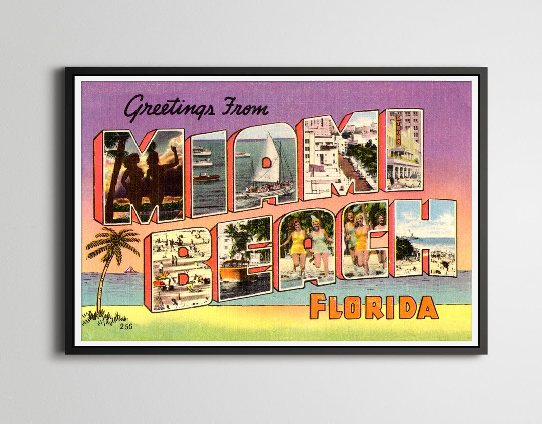 Miami Beach Vintage Postcard Poster: Large Letter Florida Art - Etsy