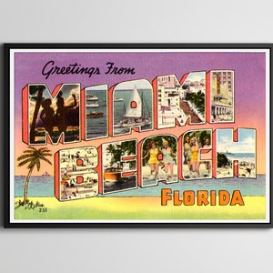 PÔSTER de cartão postal vintage de Miami Beach! (61 cm x 91 cm ou menor) - Flórida - Letra grande - Decoração - Antiguidades - Palmeiras - Oceano - Biquíni