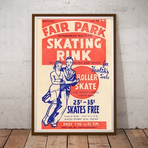 Vintage Roller-Skating POSTER! (up to 24" x 36") - c. 1940 - Fair Park - Skates - Couple - Rink - Flyer - Sticker