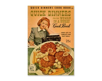 Pôster de livro de receitas vintage de 1942 • Arte de parede retrô para cozinha • Impressão de ilustração de comida de meados do século • Mulher