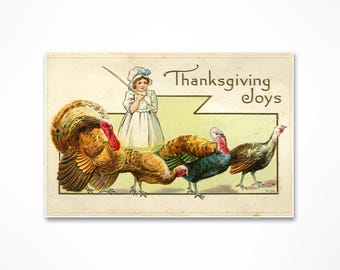 Vintage Thanksgiving Decoration Art Print - Little Girl with her Turkeys
