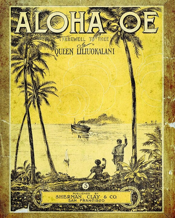 Aloha Oe Hula Music Poster: Vintage Hawaiian Palm Tree Art