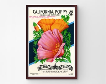 Vintage California Poppy Seed Packet Poster: Floral Kitchen Art