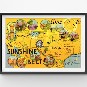 AFFICHE de ceinture de soleil du sud-ouest des Etats-Unis ! - jusqu'à une taille standard de 24 x 36 - Sunshine Belt - oeuvre d'art vintage - Arizona - Nevada - Californie - Texas