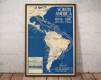 Vintage 1937 Delta Line Travel Poster: South America Cruise Art