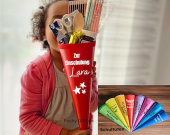 Schultüte 35 cm/Schultüten Bunt personalisiert/Zuckertüten mit Namen/Geschwisterschultüte/Geschenkverpackung Einschulung/MIT Schulmaterialen