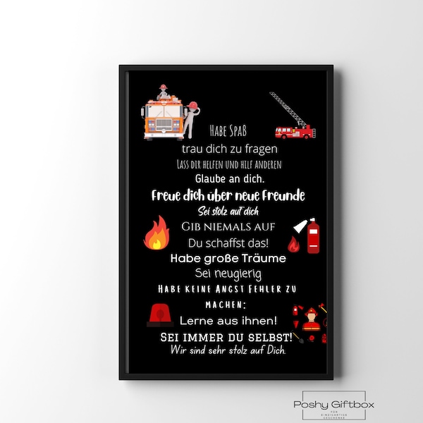 Poster Mutmacher zur Einschulung Junge ,Mädchen/Poster Feuerwehr/Feuerwehrauto/ Feuerwehrmann/Deko Kinderzimmer Junge,Mädchen Feuerwehr