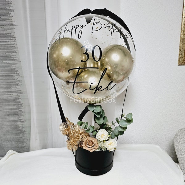Ballongeschenk « Gold »/Geschenk zum Hochzeitstag/Verlobungsgeschenk/Just Married/Geburtstagsgeschenk/Hochzeitsgeschenk/Ballon mit Blumenbox