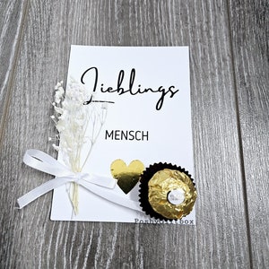 Carte postale "LIEBLINGSMENSCH" mit Trockenblumen und Ferrero Rocher/ Mitbringsel/Kleinigkeit/Geburtstagskarte/Liebe verschenken/Glückwunsch