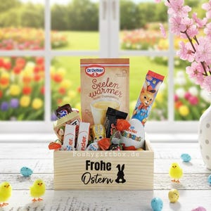 Geschenkverpakking/Kleines Geschenk/Holz Geschenkkorb/Kleine Auszeit/ Holzkorb Ostergrüße/Ostergeschenk Kollegen/Hasenpost/Osterpräsent afbeelding 1