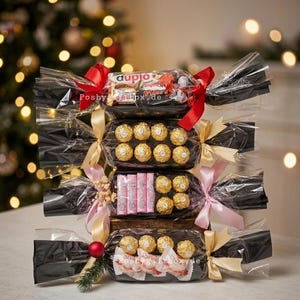 May include: A stack of four gift-wrapped candy packages in clear cellophane with black paper inserts. Each package is tied with ribbons in red, gold, or pink. The contents include various chocolate bars and gold-foiled round candies.