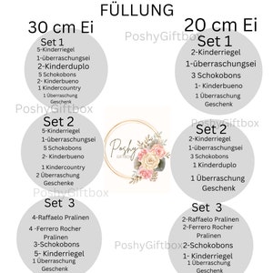 May include: A chart with different Easter egg filling options for 30 cm and 20 cm eggs. The chart lists different sets with various candy and chocolate options, including Kinderriegel, Kinder Bueno, Schokobons, Raffaello, and Ferrero Rocher.
