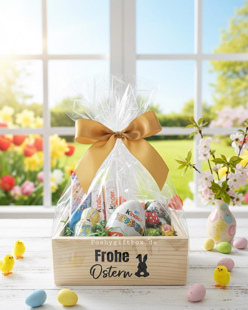 Geschenkverpakking/Kleines Geschenk/Holz Geschenkkorb/Kleine Auszeit/ Holzkorb Ostergrüße/Ostergeschenk Kollegen/Hasenpost/Osterpräsent afbeelding 2