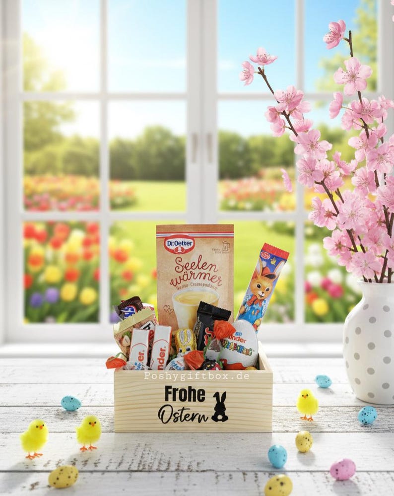 Geschenkverpakking/Kleines Geschenk/Holz Geschenkkorb/Kleine Auszeit/ Holzkorb Ostergrüße/Ostergeschenk Kollegen/Hasenpost/Osterpräsent afbeelding 1
