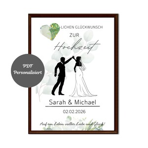Hochzeitsposter/Geldgeschenk Hochzeit/ Eukakyptus/ Paarposter personalisierbar mit Namen und Datum/ Geld kreativ verpacken/Digital Download image 1