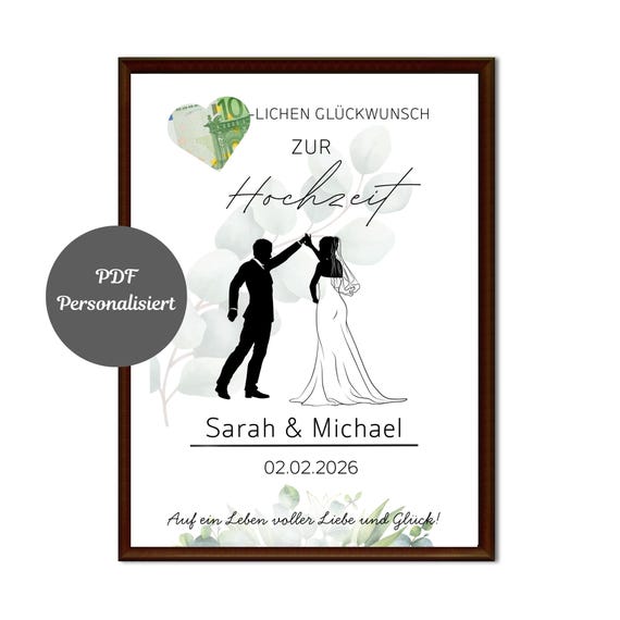 Hochzeitsposter/Geldgeschenk Hochzeit/ Eukakyptus/ Paarposter personalisierbar mit Namen und Datum/ Geld kreativ verpacken/Digital Download