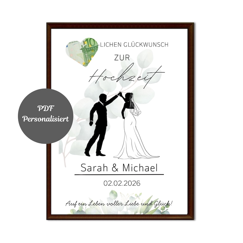 Hochzeitsposter/Geldgeschenk Hochzeit/ Eukakyptus/ Paarposter personalisierbar mit Namen und Datum/ Geld kreativ verpacken/Digital Download image 1