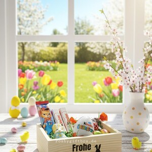 Geschenkverpakking/Kleines Geschenk/Holz Geschenkkorb/Kleine Auszeit/ Holzkorb Ostergrüße/Ostergeschenk Kollegen/Hasenpost/Osterpräsent afbeelding 4