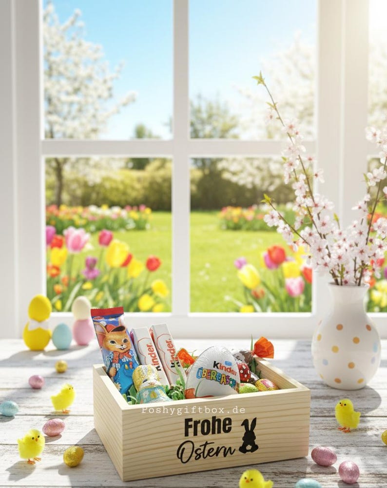 Geschenkverpakking/Kleines Geschenk/Holz Geschenkkorb/Kleine Auszeit/ Holzkorb Ostergrüße/Ostergeschenk Kollegen/Hasenpost/Osterpräsent afbeelding 4