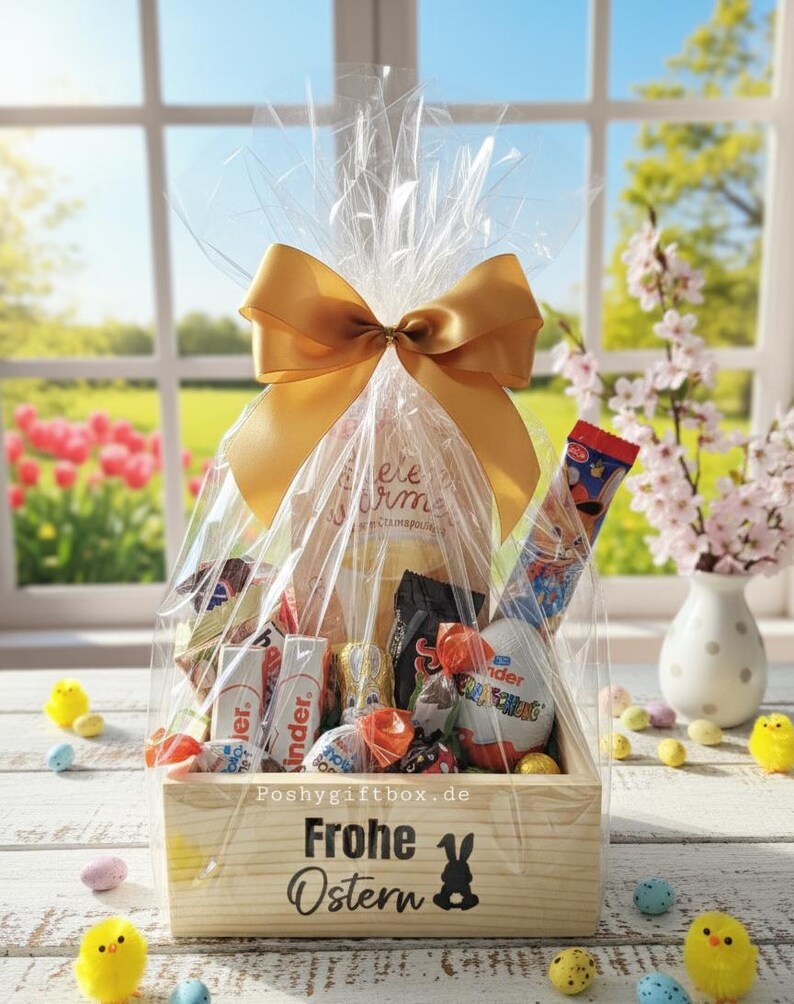 Geschenkverpakking/Kleines Geschenk/Holz Geschenkkorb/Kleine Auszeit/ Holzkorb Ostergrüße/Ostergeschenk Kollegen/Hasenpost/Osterpräsent afbeelding 3