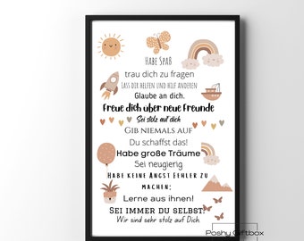 Poster Mutmacher zur Einschulung Junge ,Mädchen/Wandkunst Boho  Einschulung/ Schulanfang Wünsche/ Mutmacher Poster Neutrale Regenbogen,Boho