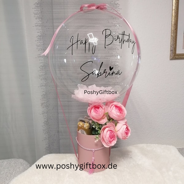Ballon Geschenk/Ballongrüße/Geburtstagsgeschenk/Geschenkbox Rosa/Schokoladenbox mit Blumen/Ballon Personalisiert/Valentinstag Geschenk
